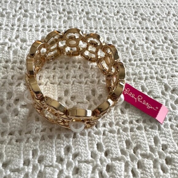 NWT Lilly Pulitzer Pink Palms Cuff Stretch Bracelet Gold - Picture 4 of 5